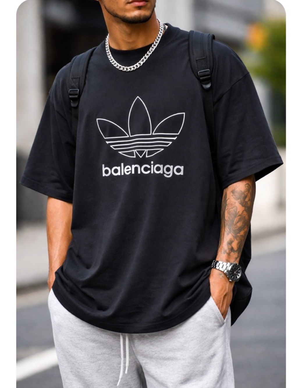 Balenciaga Black Short-Sleeve Logo Tee with White Print